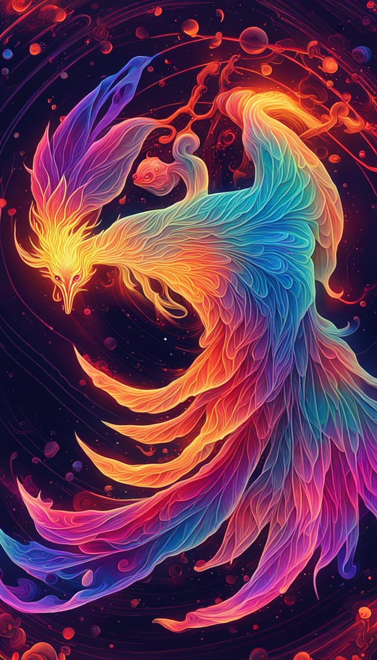 Extrapolate and Illustrate Four Separate Distinct Images of a Cosmic Fire Bird Flaming IN Psychedelic
Rainbow Contrastin...