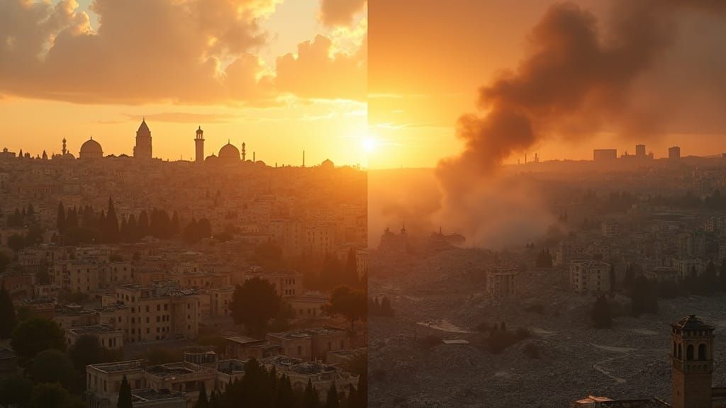 Jerusalem Sunrise vs. War-Torn City Split Scene