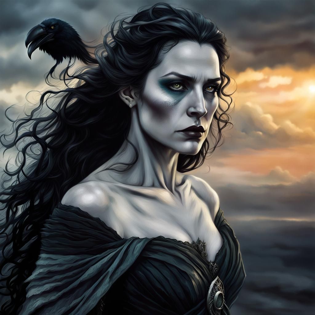 Pale Sorceress with Raven Hair Stares into Distance