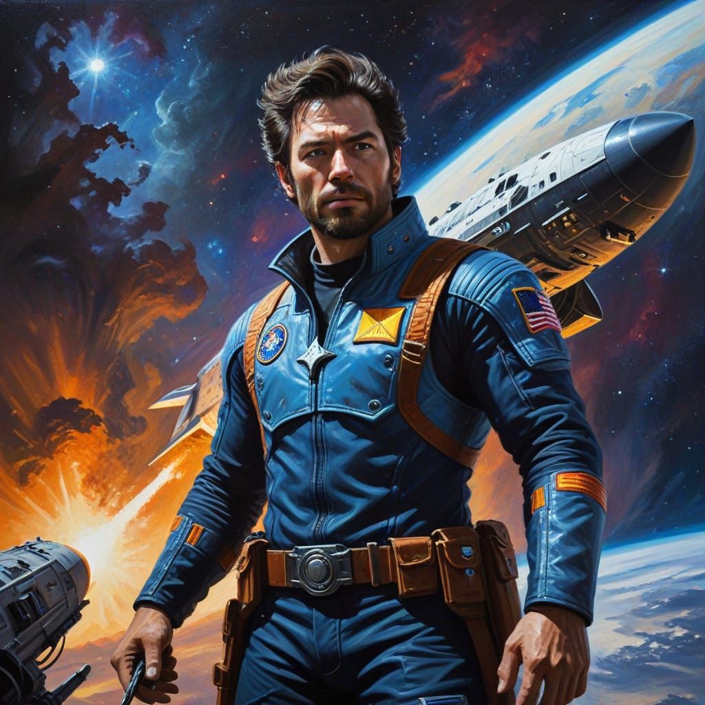 Space Cowboy Commands Spaceship in Oil Painting Style