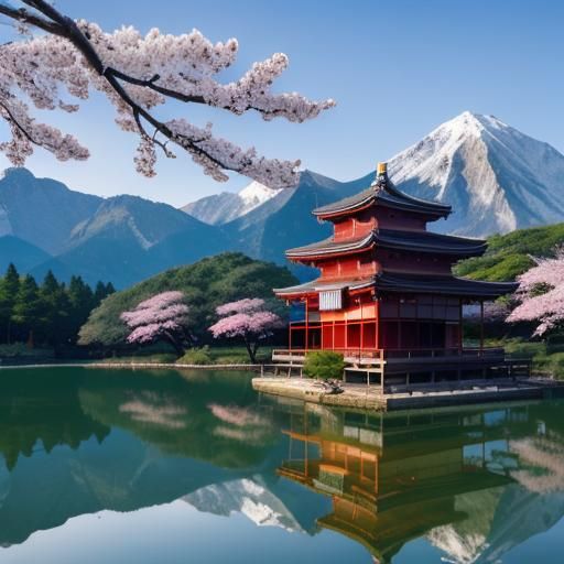 Ancient Sakura Temple on Lake with Mountains