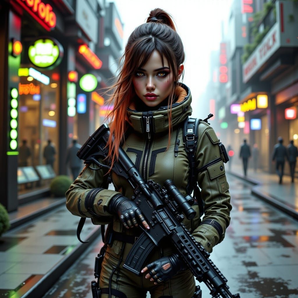 Cyberpunk Woman in Dystopian Cityscape