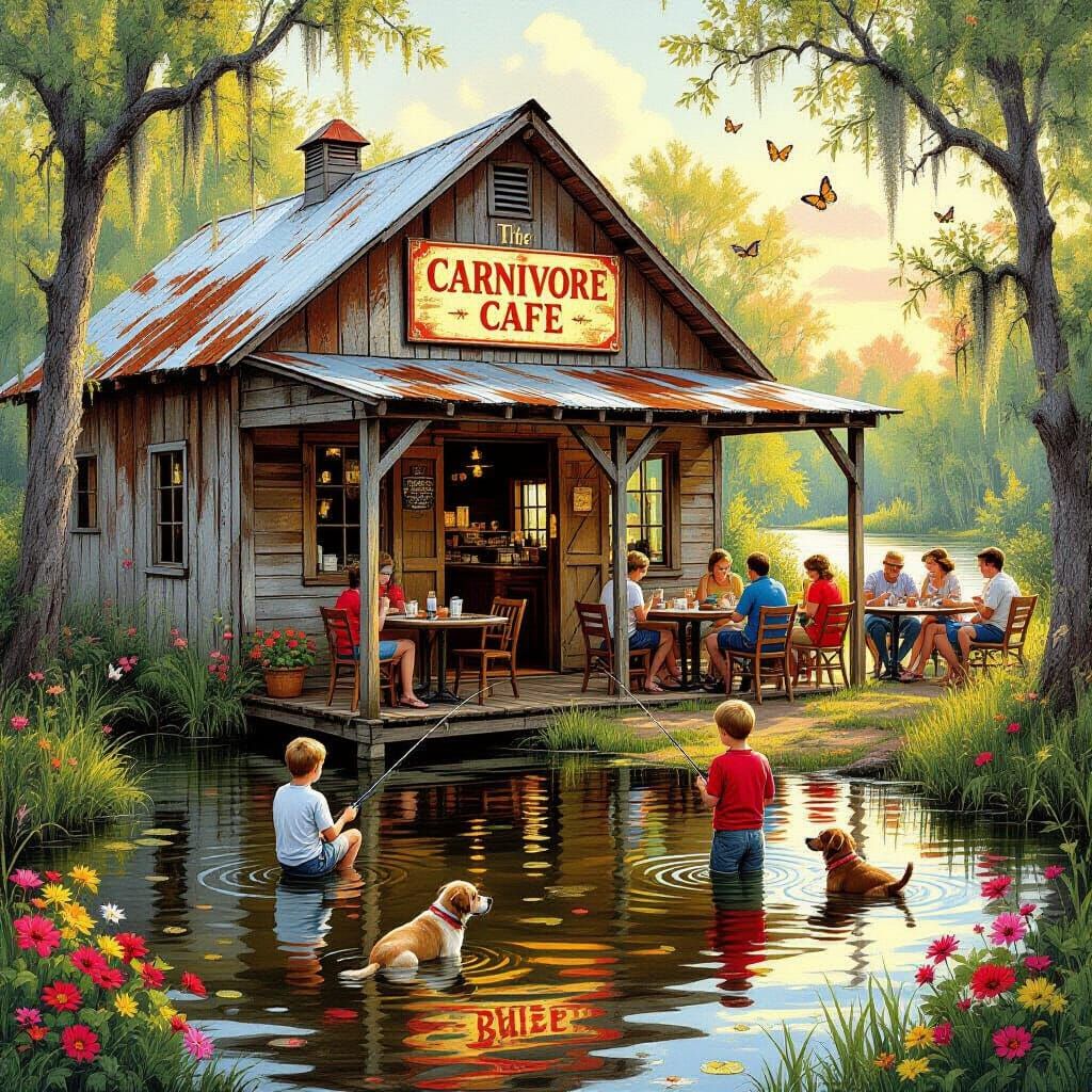 Rustic Bayou BBQ Shed Scene in Folk Art Style