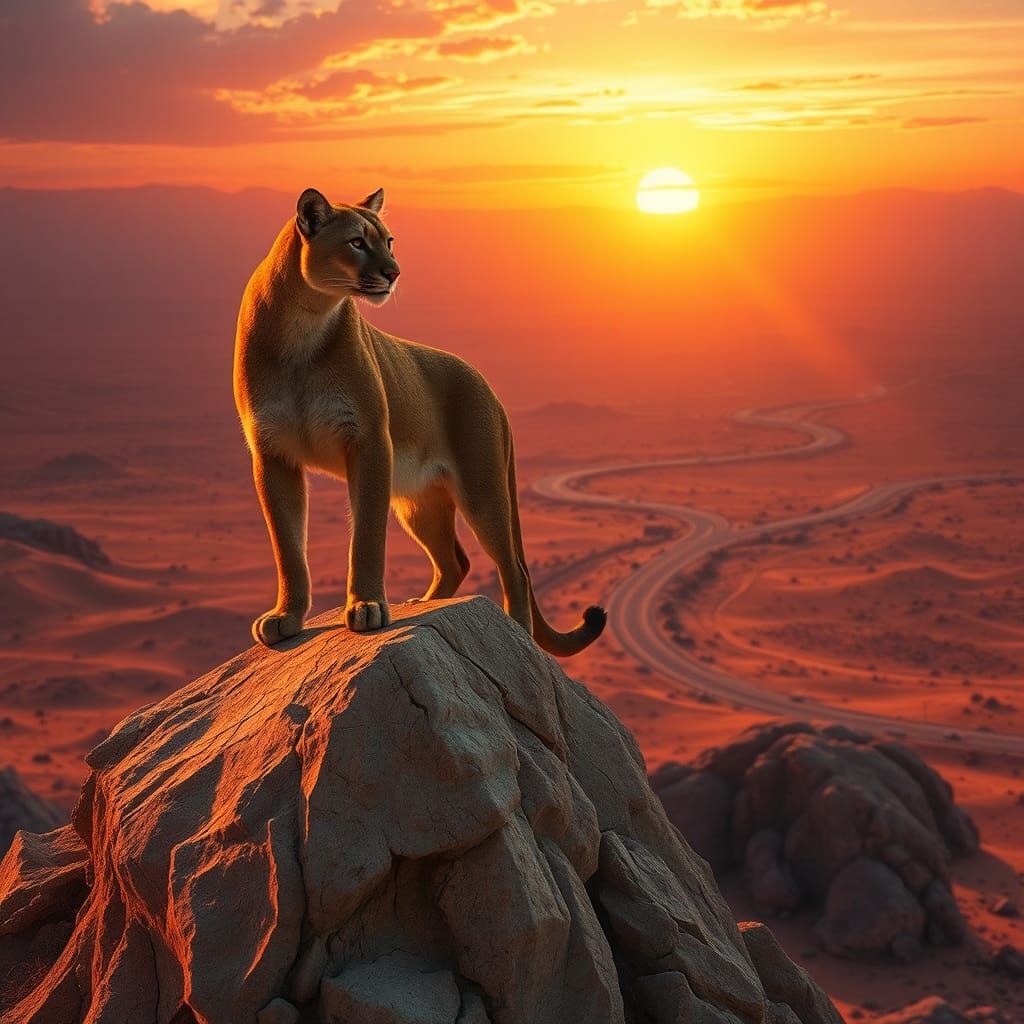 Mountain Lion Overlooking Desert Highway at Sunrise