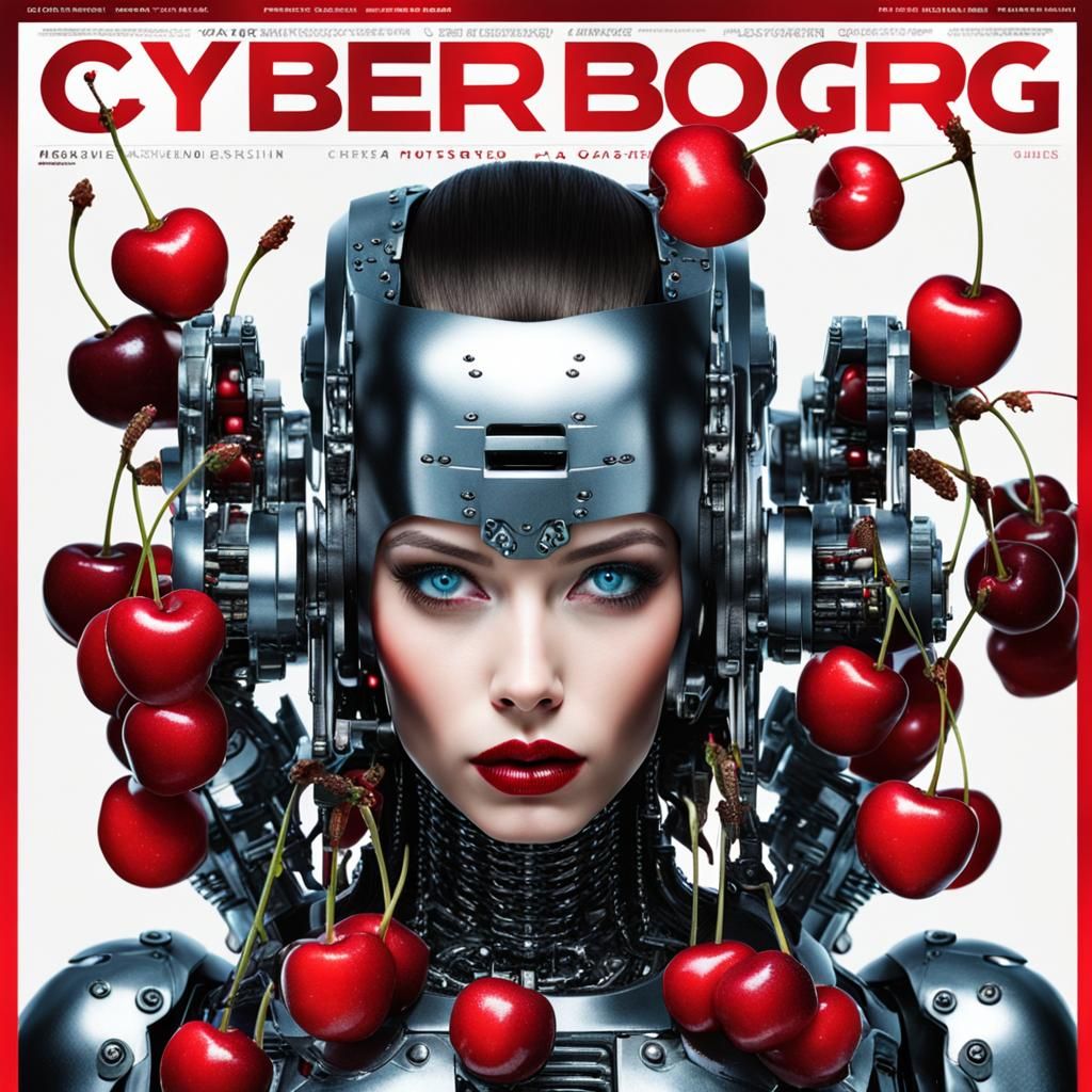 Cyberpunk Cyborg Model with Cherries Magazine Cover