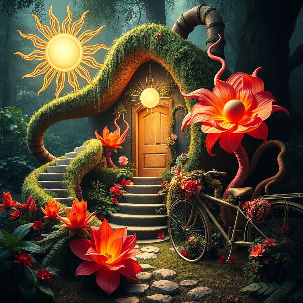 Whimsical Eco-Shack with Surrealist Bloom and Vintage Bicycl...
