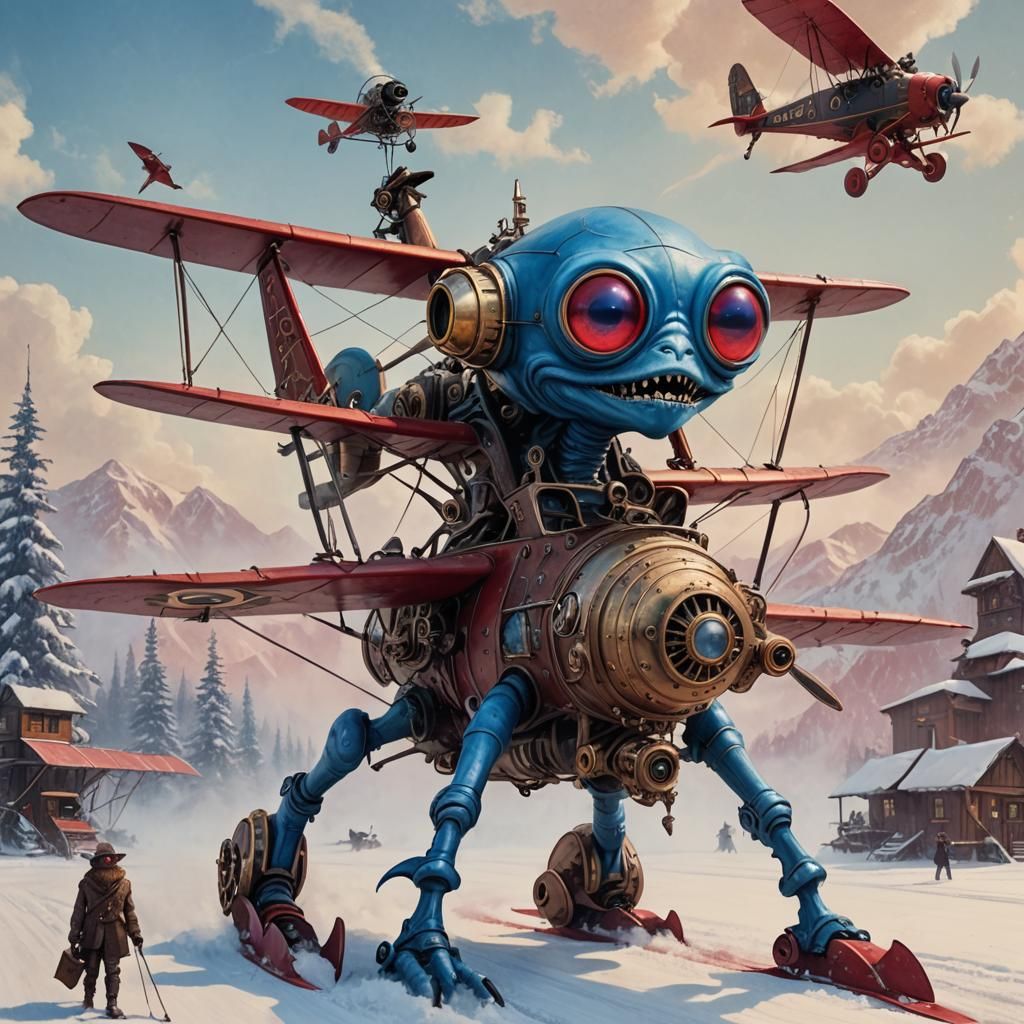 Steampunk Biplane and Blue Alien on Skis