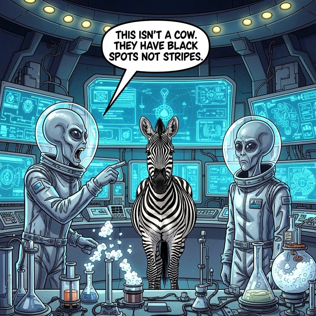 Alien Shouts at Zebra in UFO Lab Comic Style