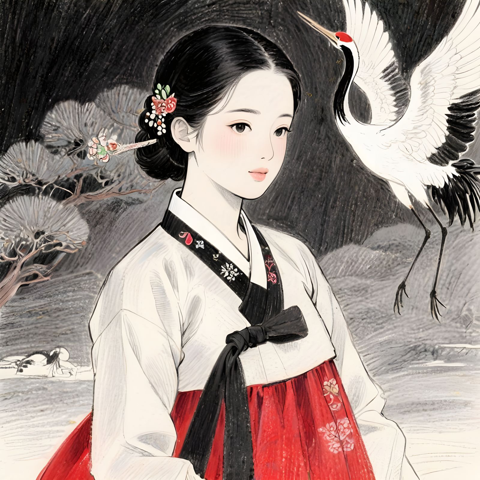 Woman in Hanbok with Crane: Manhwa-Style Sketch