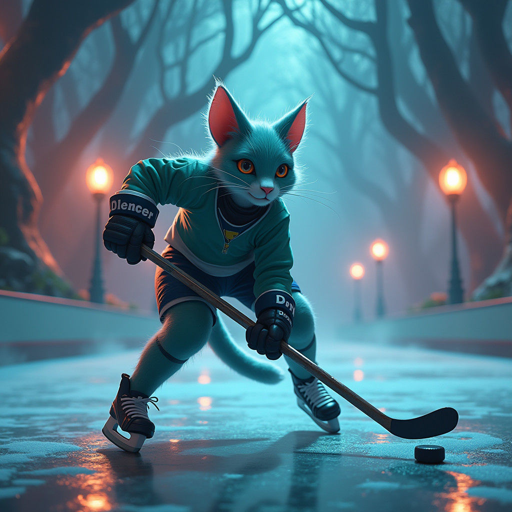 Mystical Hockey Cat in Cinematic Matte Painting