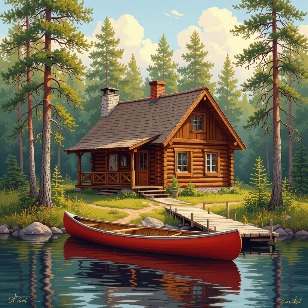 Cozy Loghouse by River in Dense Forest, Detailed Painting