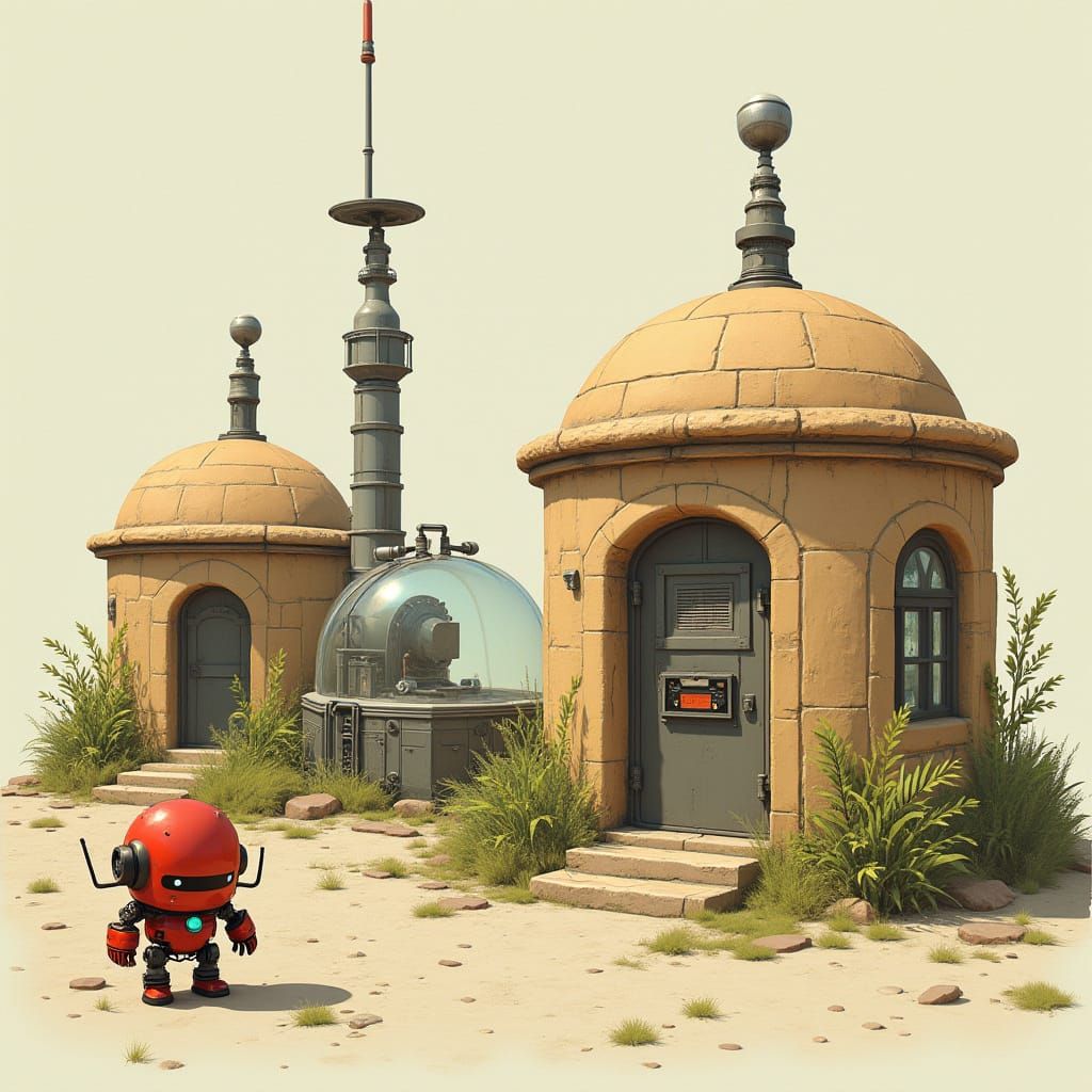 Hyperrealistic Sandstone Buildings with Robot in Retro-Futur...