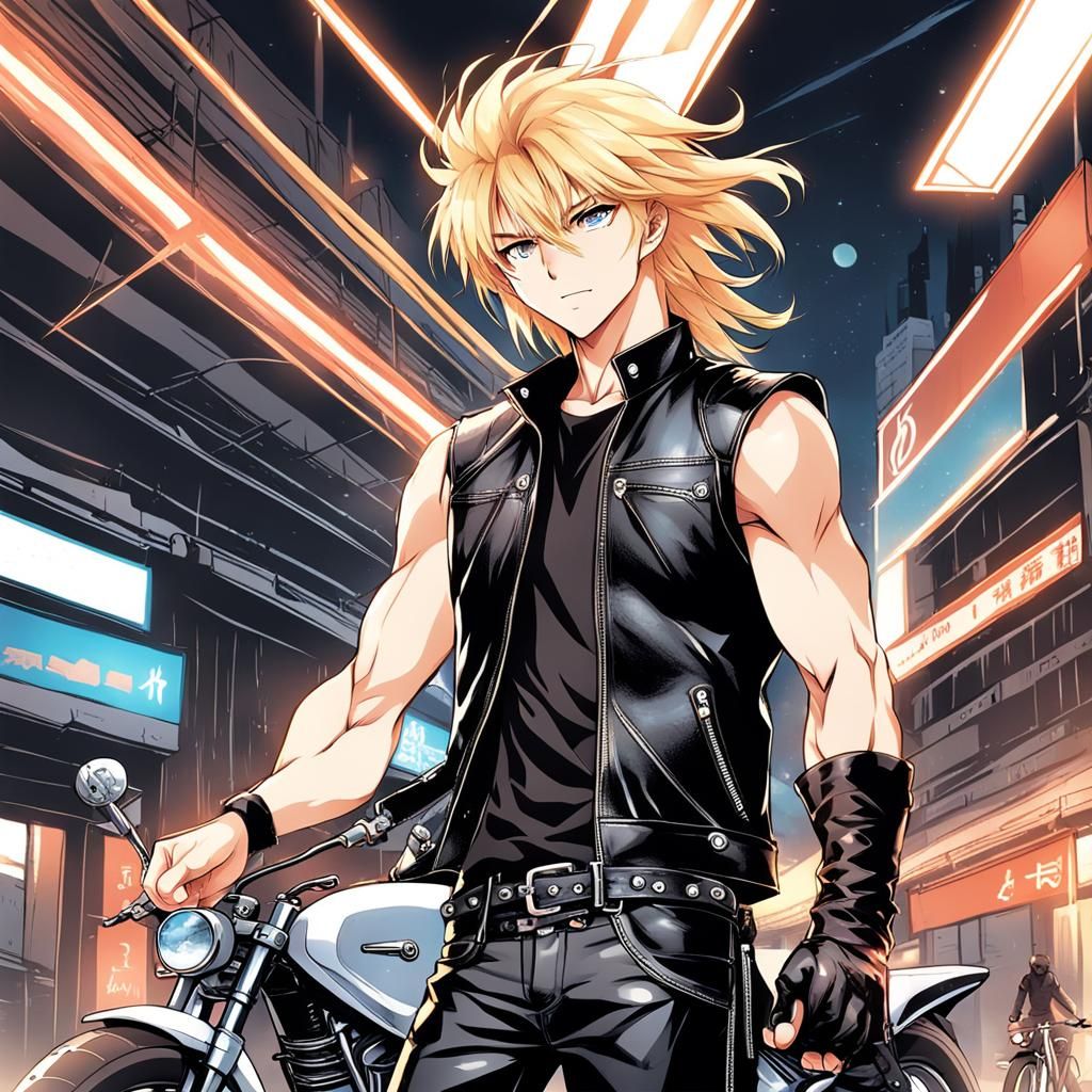 Anime Biker with Blond Hair in Leather Vest