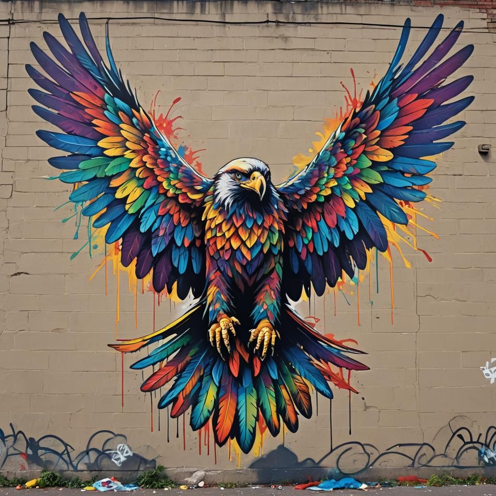 Rainbow Eagle Graffiti Art Mural in Vibrant Hues