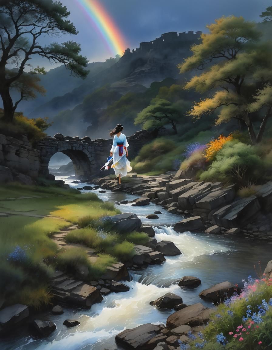 Korean Woman in Watercolor Field at Dawn