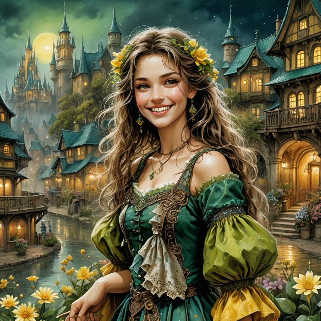 Fantasy Spring Town with Smiling Woman in Digital Art