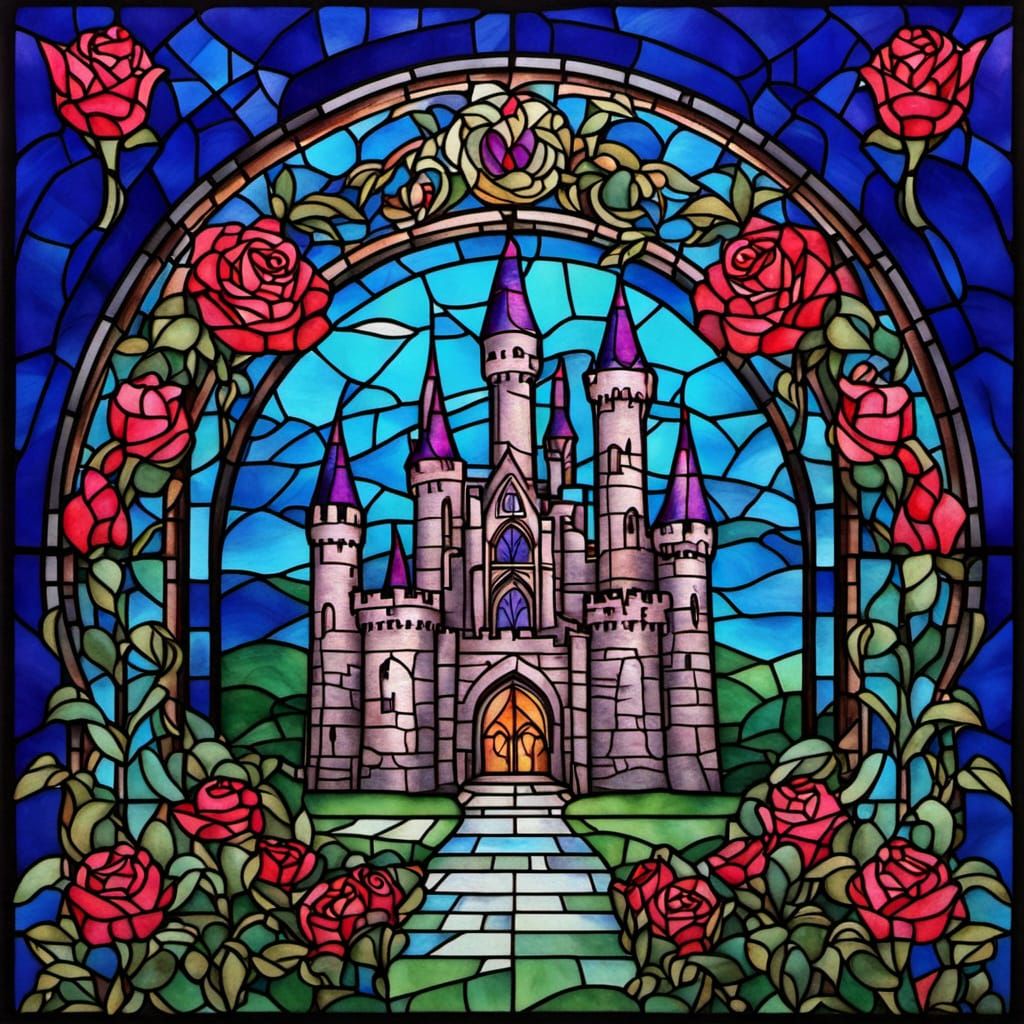 Disney Castle in Vibrant Stained Glass Style