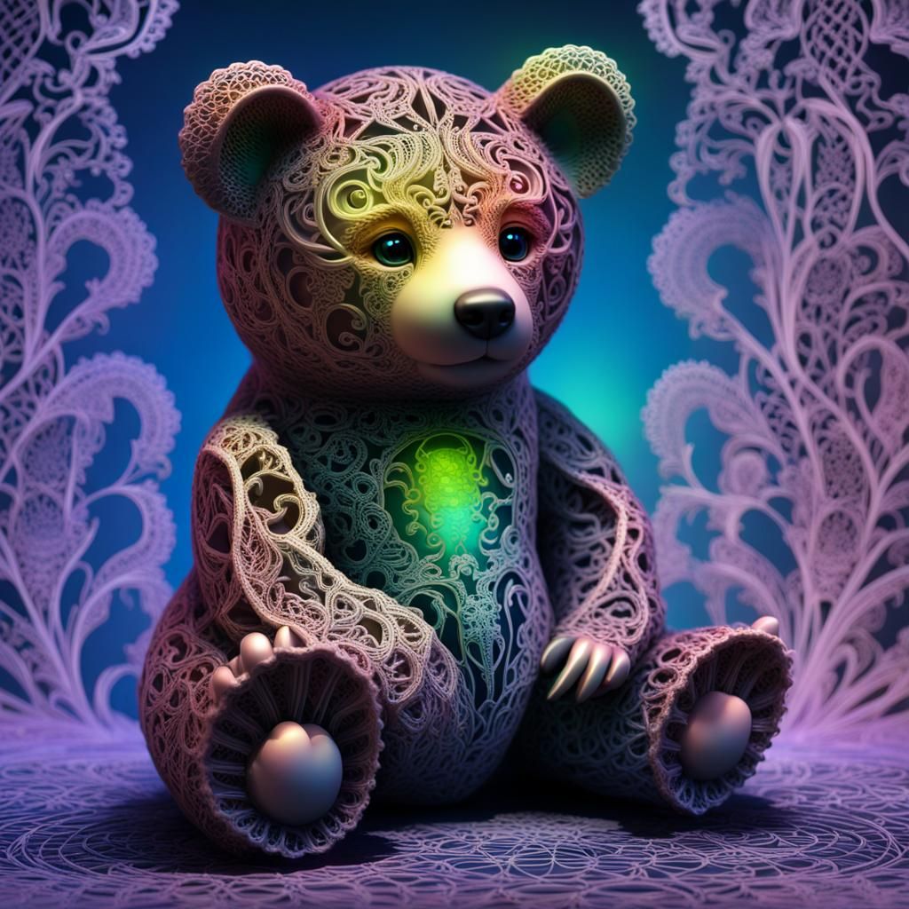 Rainbow Bioluminescent Lace Bear Cub, 3D Render