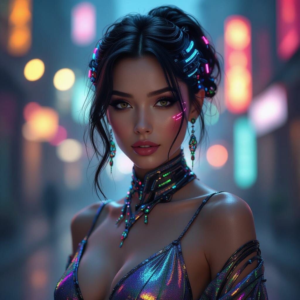 Cyberpunk Woman with Cybernetic Hair and Neon Lights