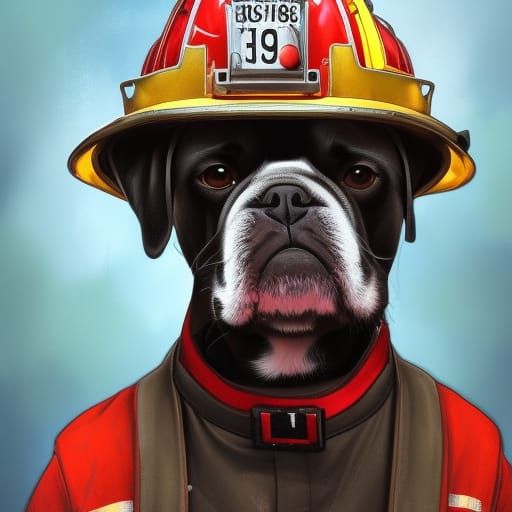 Dog Firefighter Portrait in Hyperdetailed Style