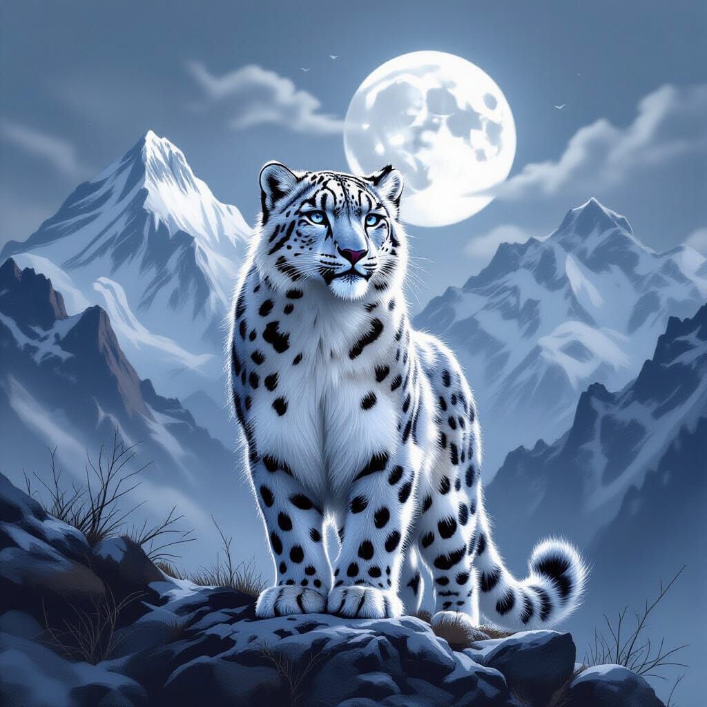 Snow Leopard in Moonlit Silver Light Charcoal Drawing