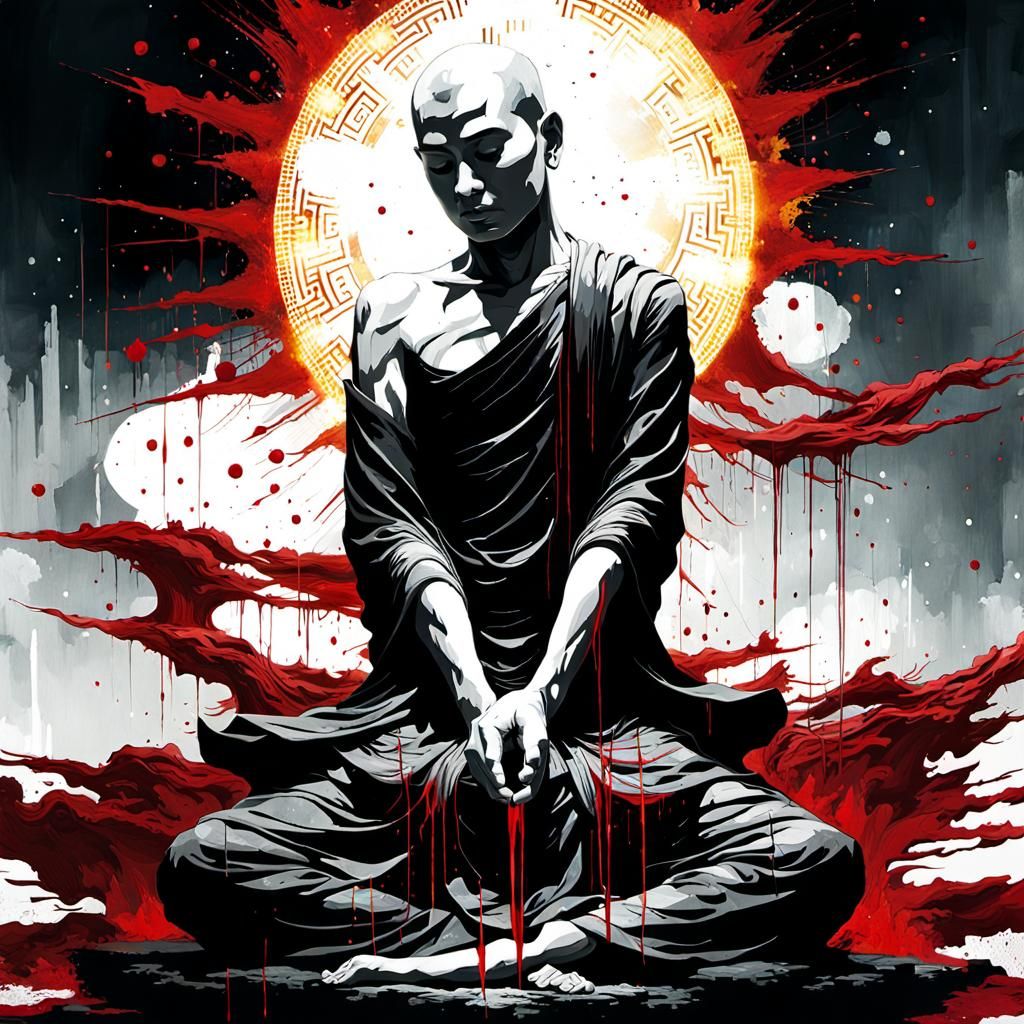 Meditating Buddhist Monk in a Dystopian City