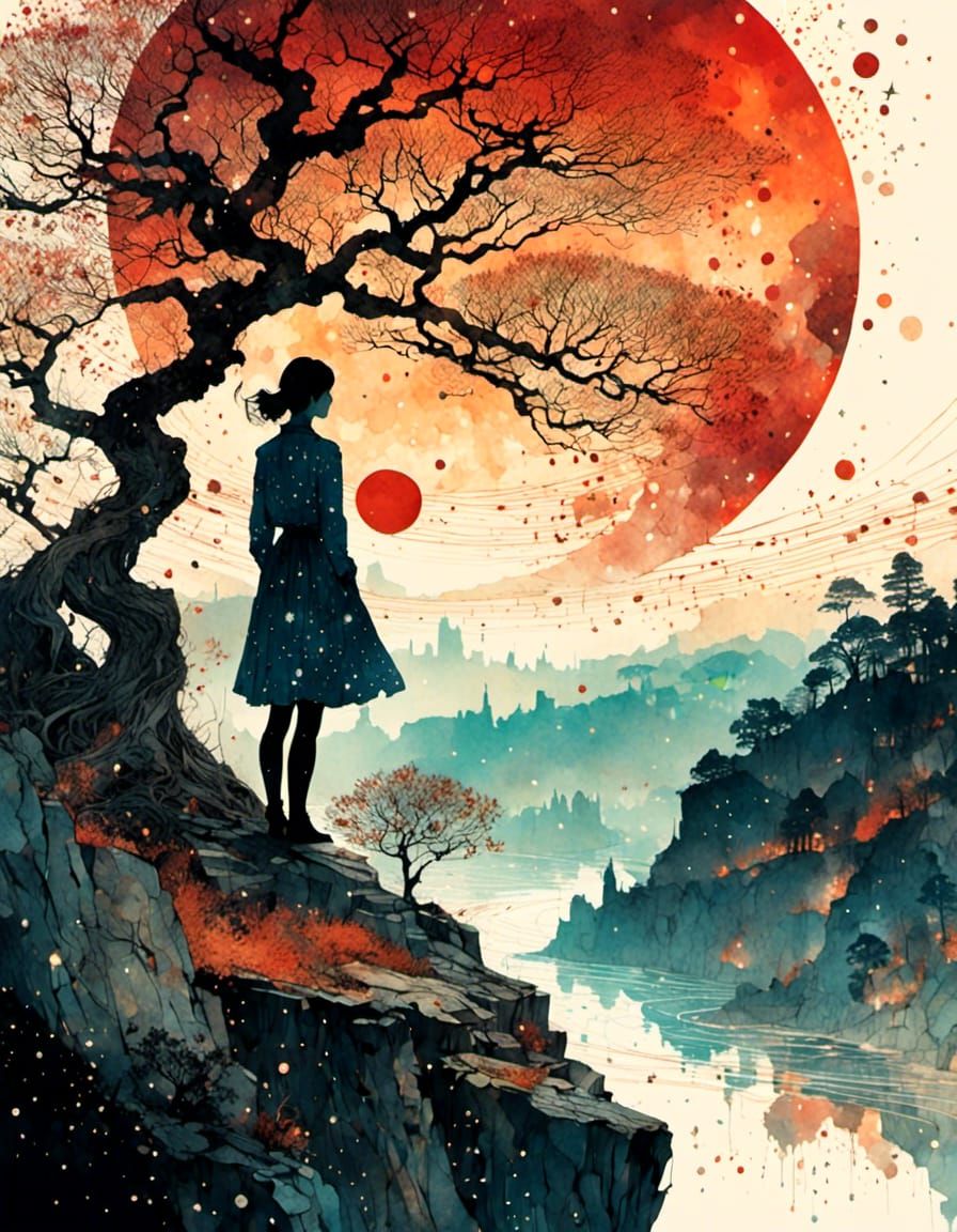 Dreamy Silhouette Gazing at Glowing Galaxies