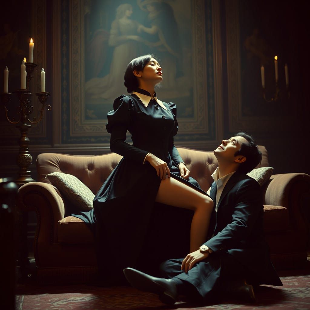 Elegant Maid in a Medieval Mansion Scene