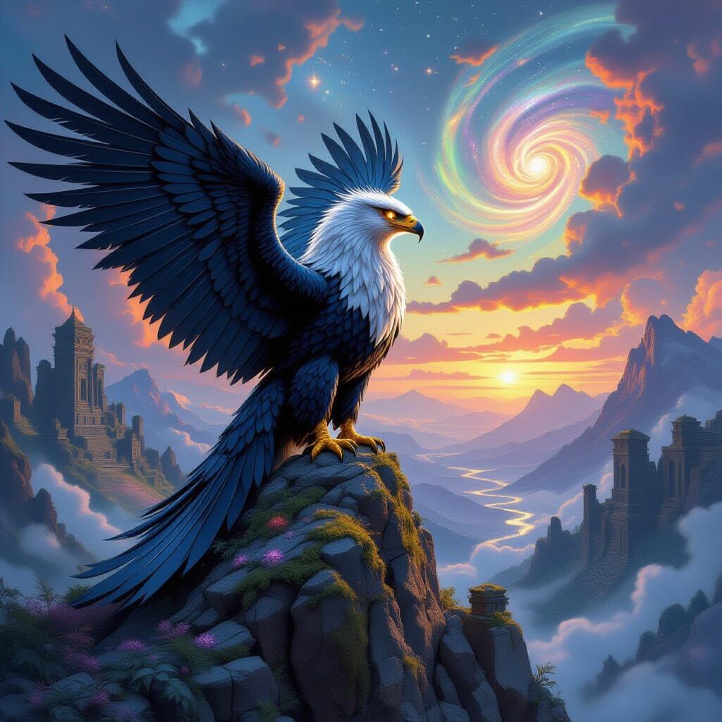 Obsidian Griffin Perched on Crystalline Peak