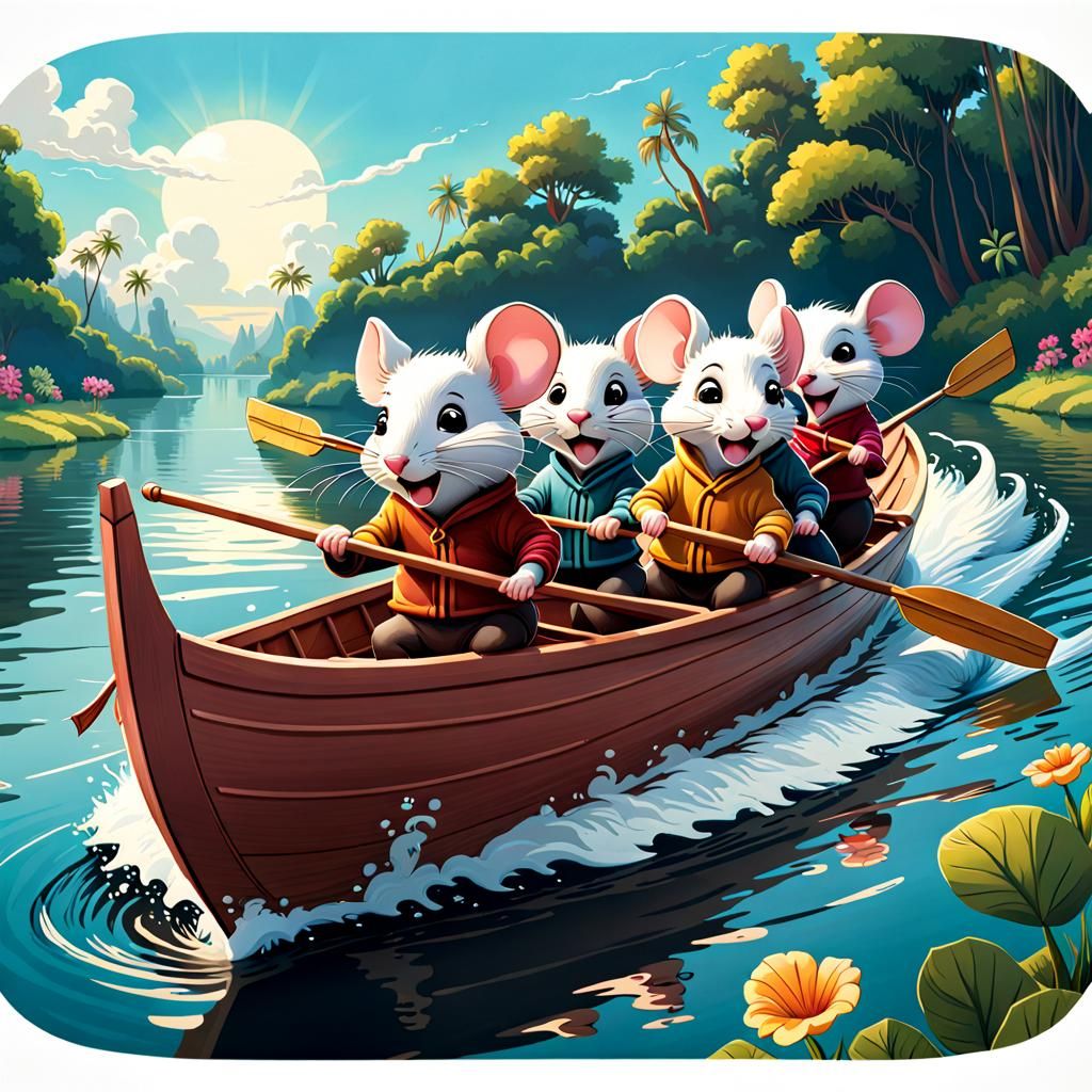 Rowing Rodents: A Captivating Journey with Whimsical Mice in a Playful Boat