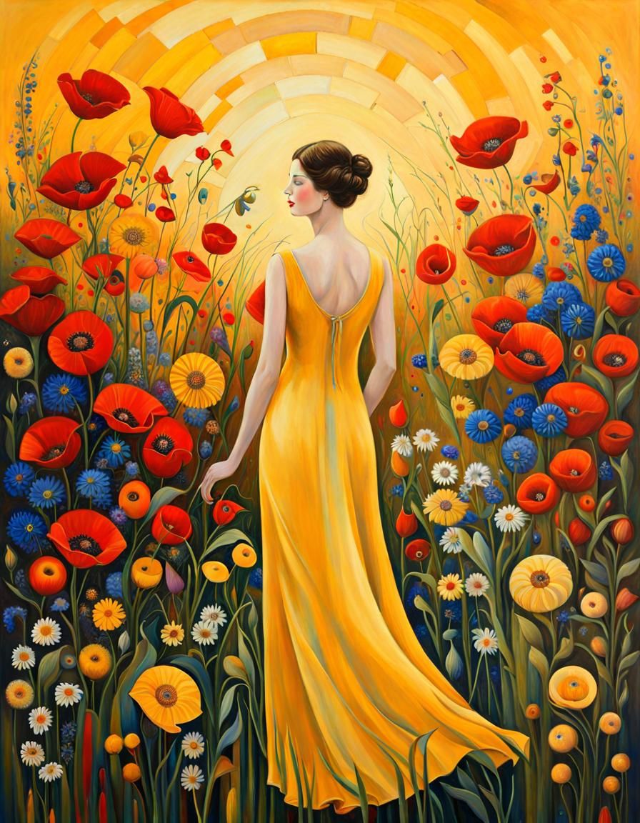 Woman in Yellow Dress Amidst Wildflowers, Klimt Inspired