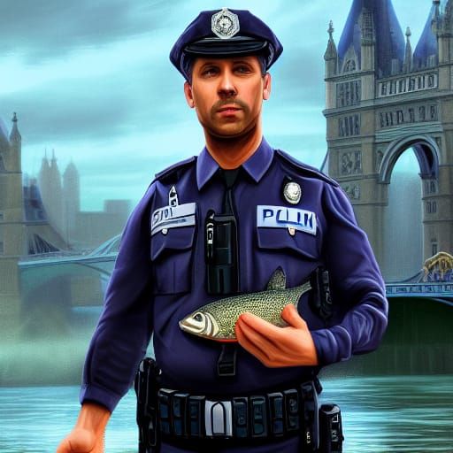 Policeman Suspiciously Holds Salmon: Detailed Matte Painting