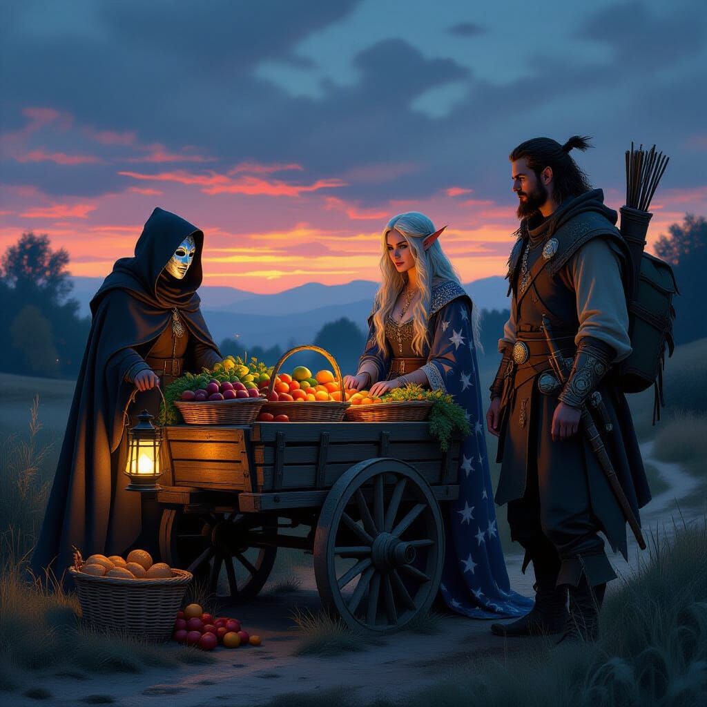 Mystical Travelers Meet at Rustic Cart