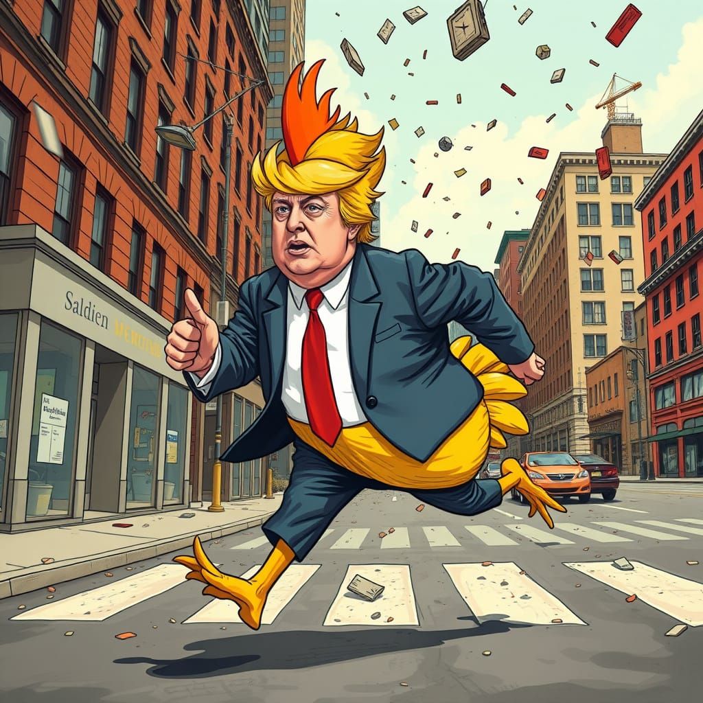 Chicken Suit Figure in Surreal Cityscape