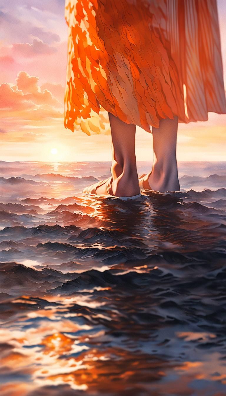 Ginger Catgirl Overlooking Sunset in Watercolour Style