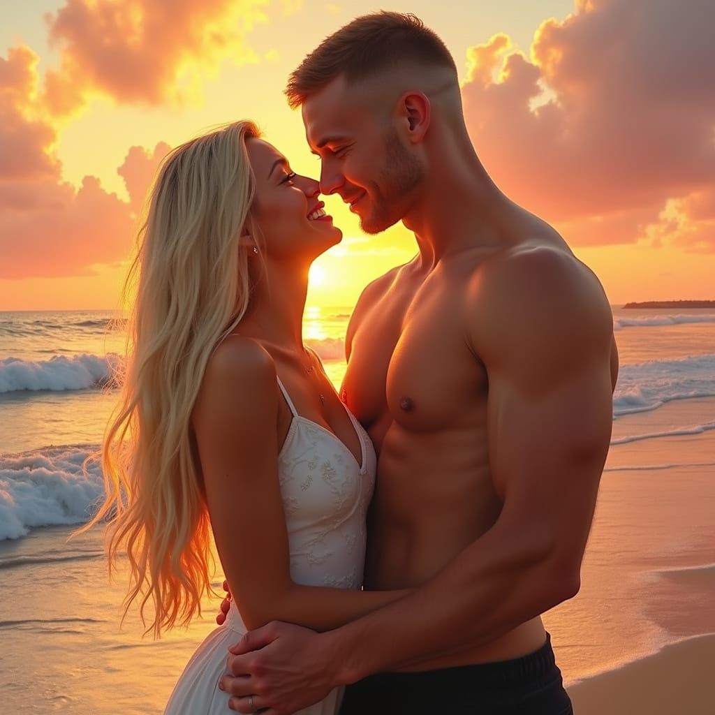 Warm Sunset Couple on the Beach in Impressionist Style