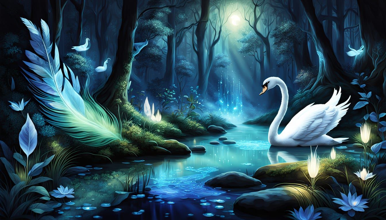 Enchanting Forest at Night with Luminous Swan
