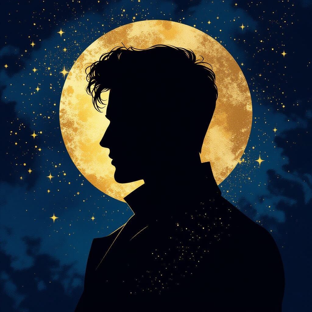 Masculine Silhouette in Deep Blue and Gold Abstract Art