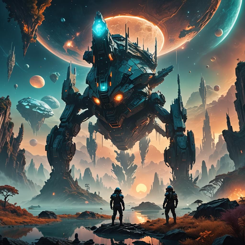 Alien Planet Encounter in High-Fantasy Style