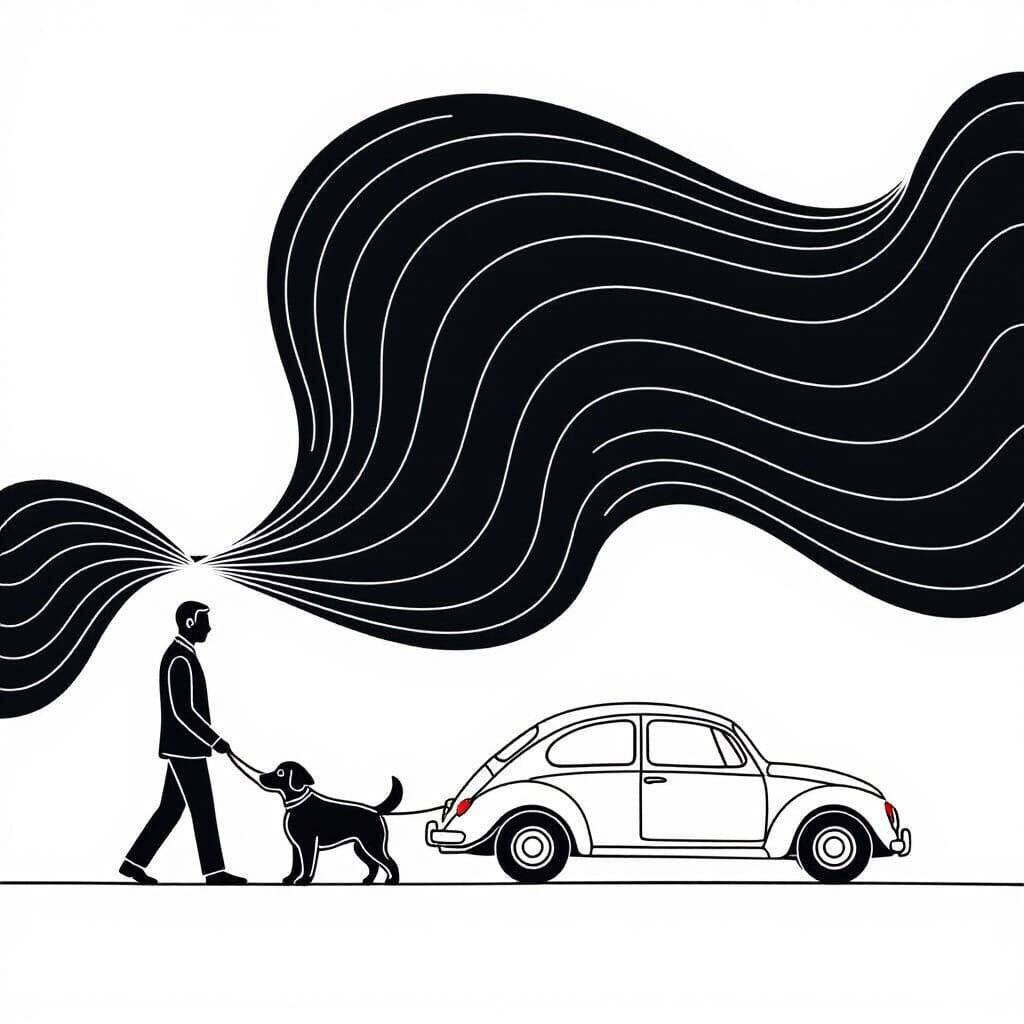 Minimalist Single Line Drawing of Man, Dog, and Car