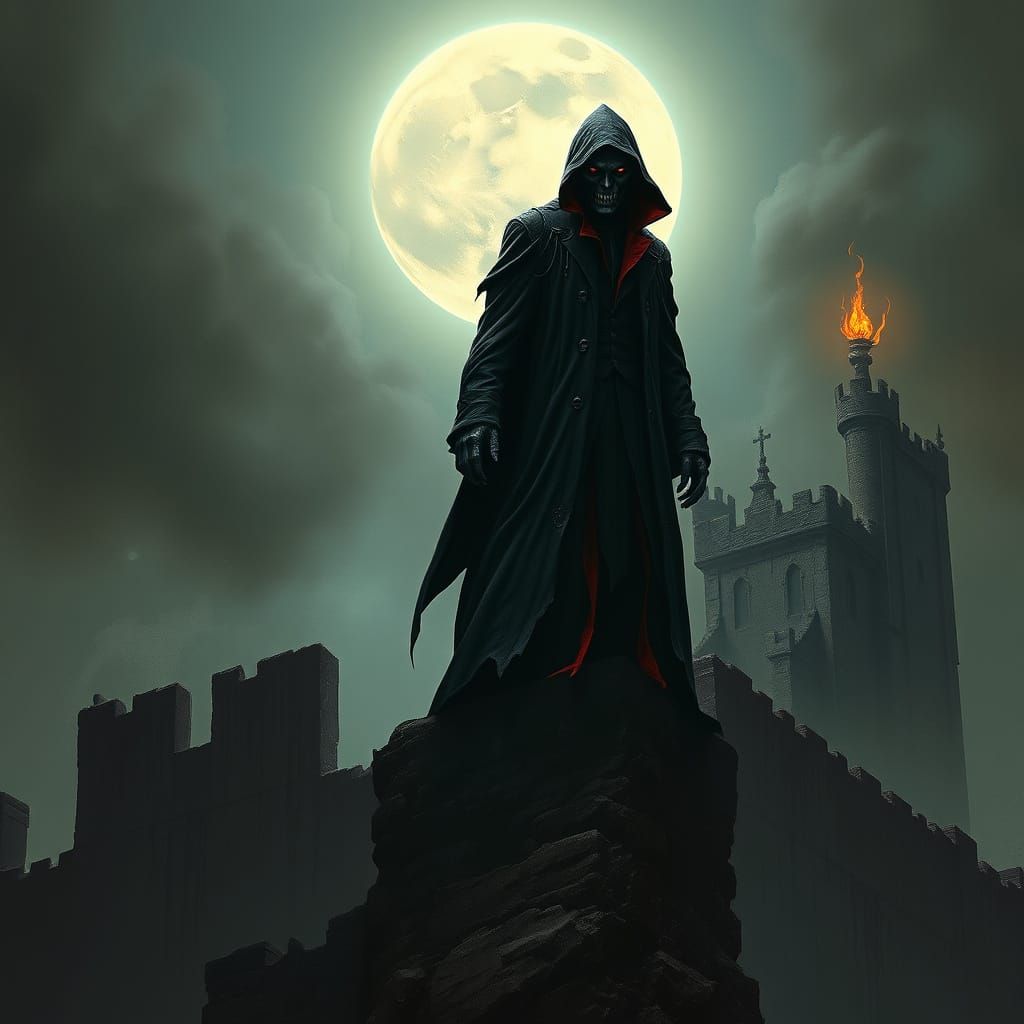 Mysterious Vampyre on Crumbling Castle Wall