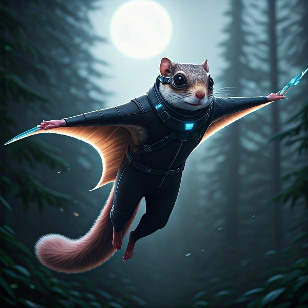 Cyberpunk Flying Squirrel in Mid-Glide