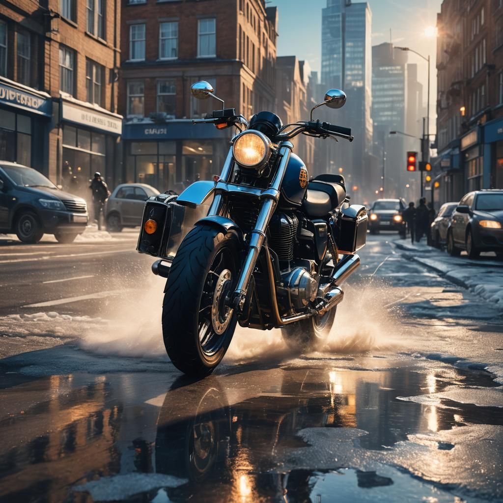 British Police Motorcycle in Cityscape, Hyperrealistic Conce...