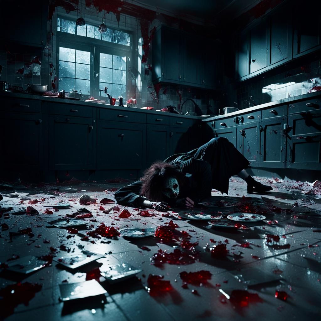 Ominous Gothic Kitchen Crime Scene in Crimson
