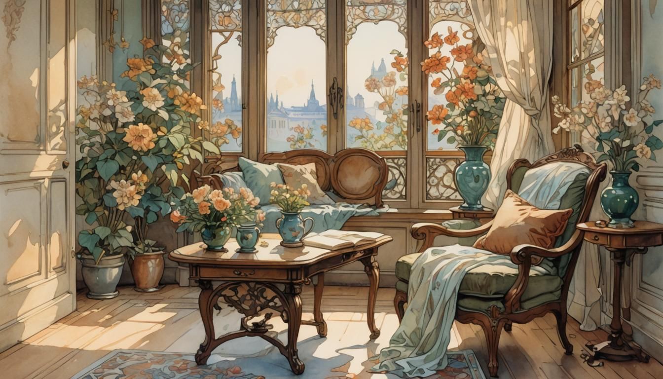 Art Nouveau Room with Armchair and Open Window