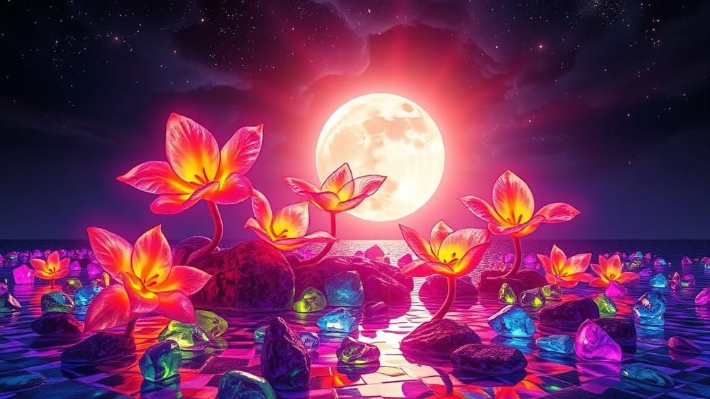 Bioluminescent Flowers on a Moonlit Beach