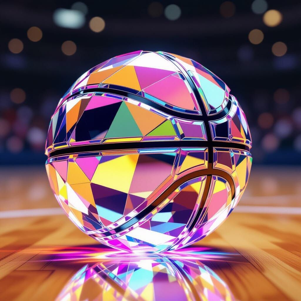 Crystal Basketball Sculpture on Court in 8k