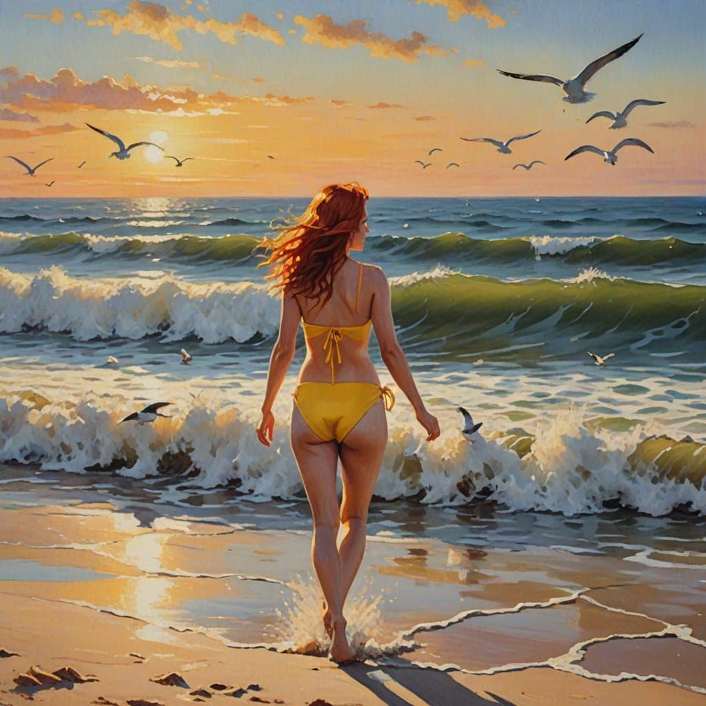 Woman Walking on Beach at Sunrise in Impressionist Style