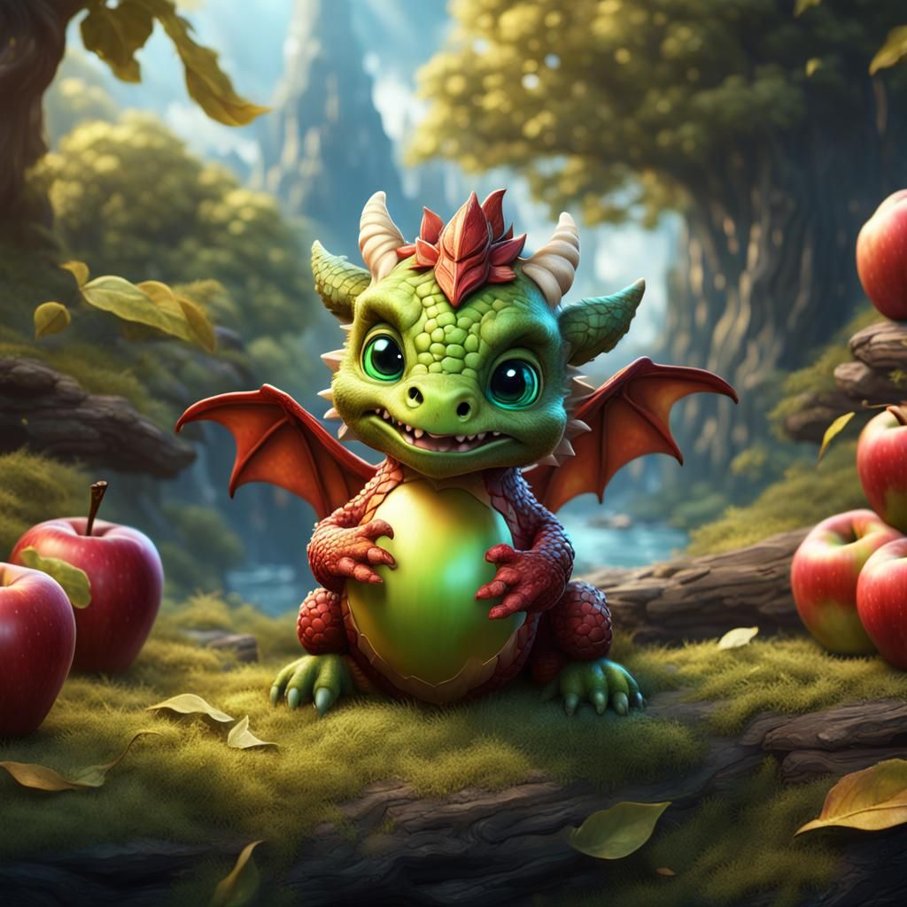 Cute Apple Baby Dragon in Detailed Painting