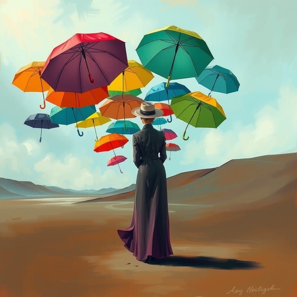 Surrealist Landscape with Woman and Floating Umbrellas